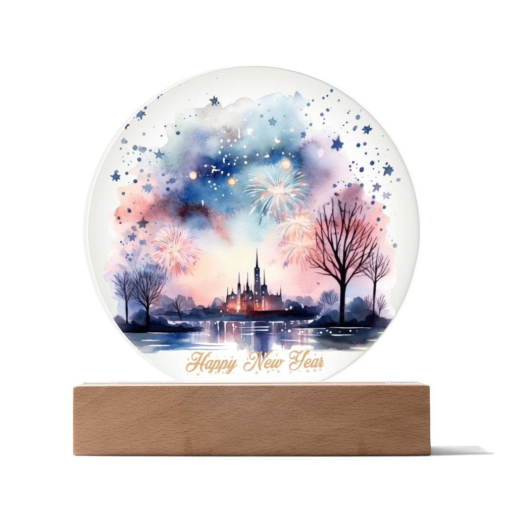 Captivating 2024 City Skyline Fireworks: Handcrafted Watercolor Circular Acrylic Plaque - Unique New Year's Gift!