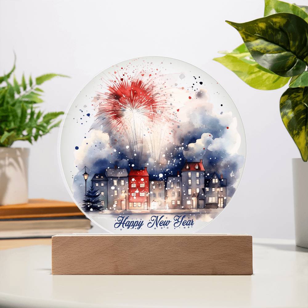 City Lights 2024: Fireworks Celebration in Watercolor - Circular Acrylic Plaque for a Festive New Year!