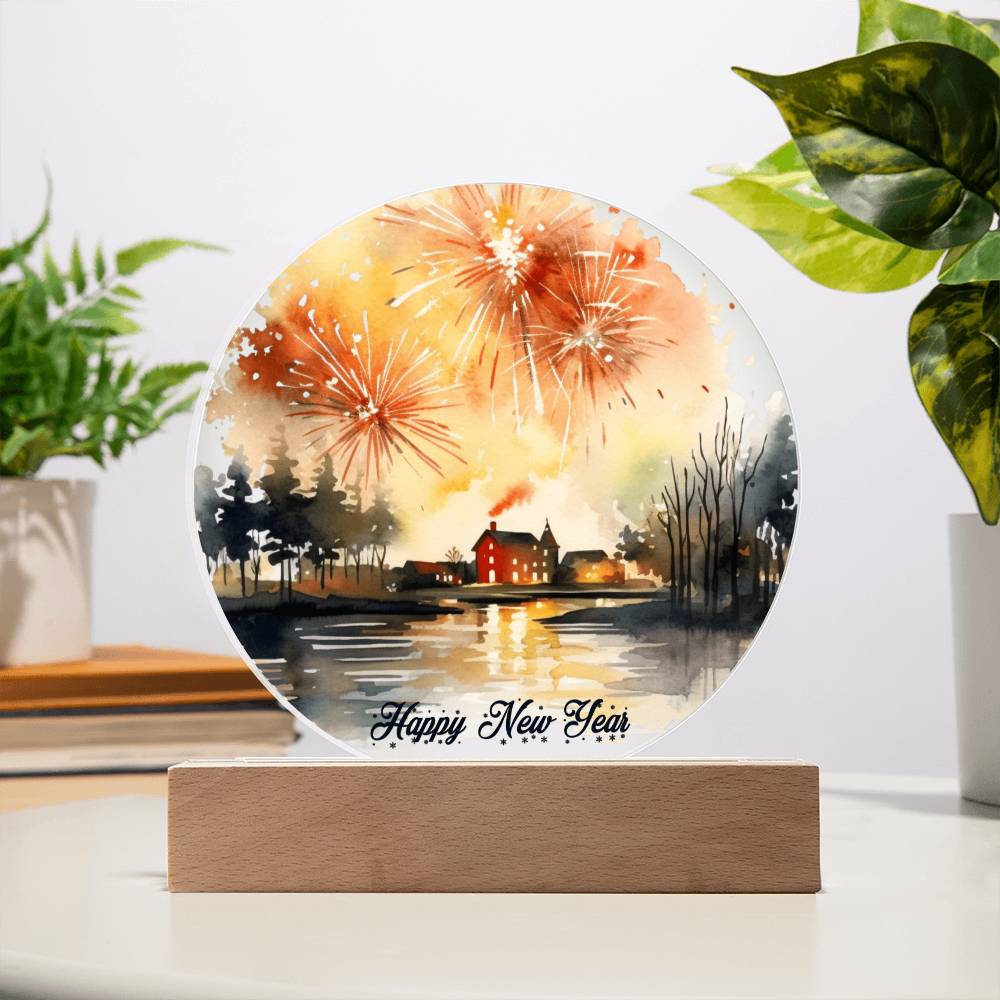 2024 Cityscape Fireworks: Vibrant Watercolor Circular Acrylic Plaque - Perfect New Year's Gift!