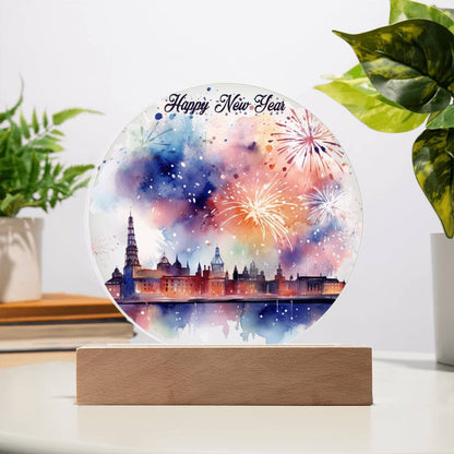 New Year 2024 Celebration: City Skyline Fireworks on Circular Acrylic Plaque - Unique Gift Idea!