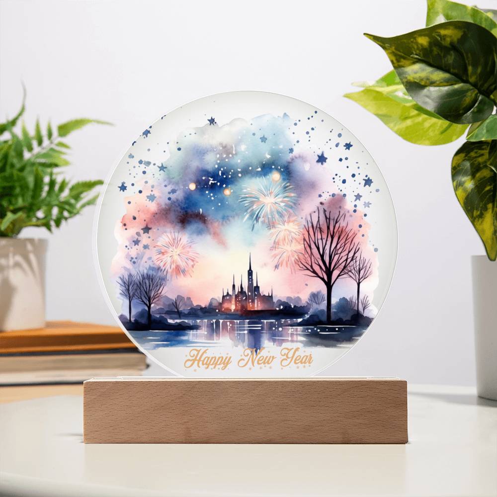 Captivating 2024 City Skyline Fireworks: Handcrafted Watercolor Circular Acrylic Plaque - Unique New Year's Gift!