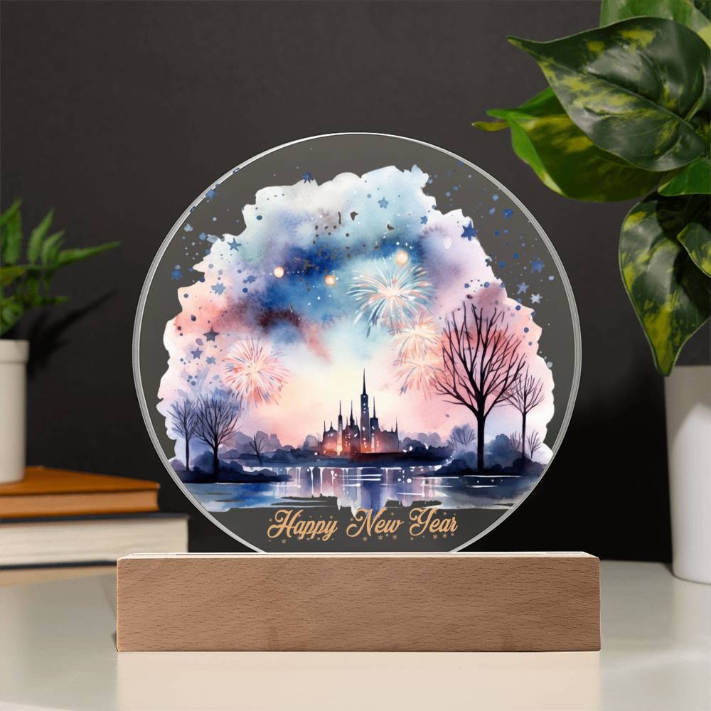 Captivating 2024 City Skyline Fireworks: Handcrafted Watercolor Circular Acrylic Plaque - Unique New Year's Gift!