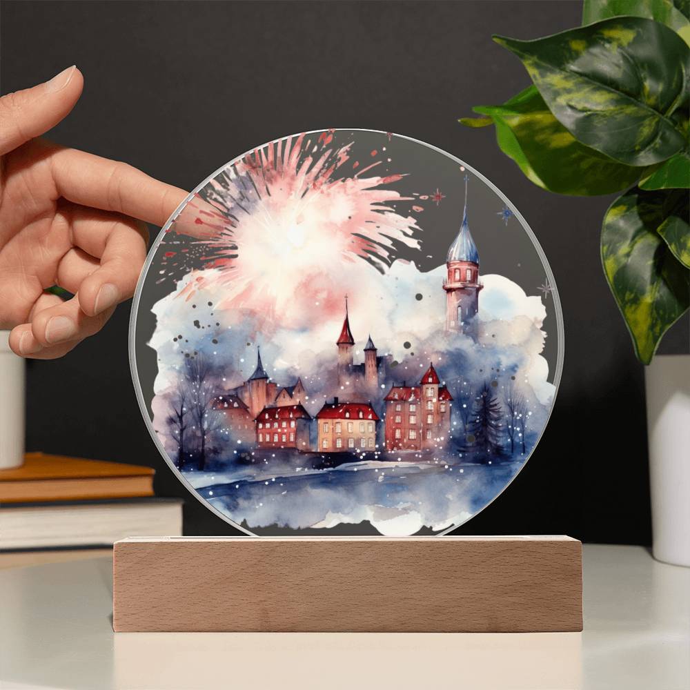 Radiant 2024 Cityscape Fireworks: Hand-Painted Circular Acrylic Plaque - Stunning New Year's Gift!