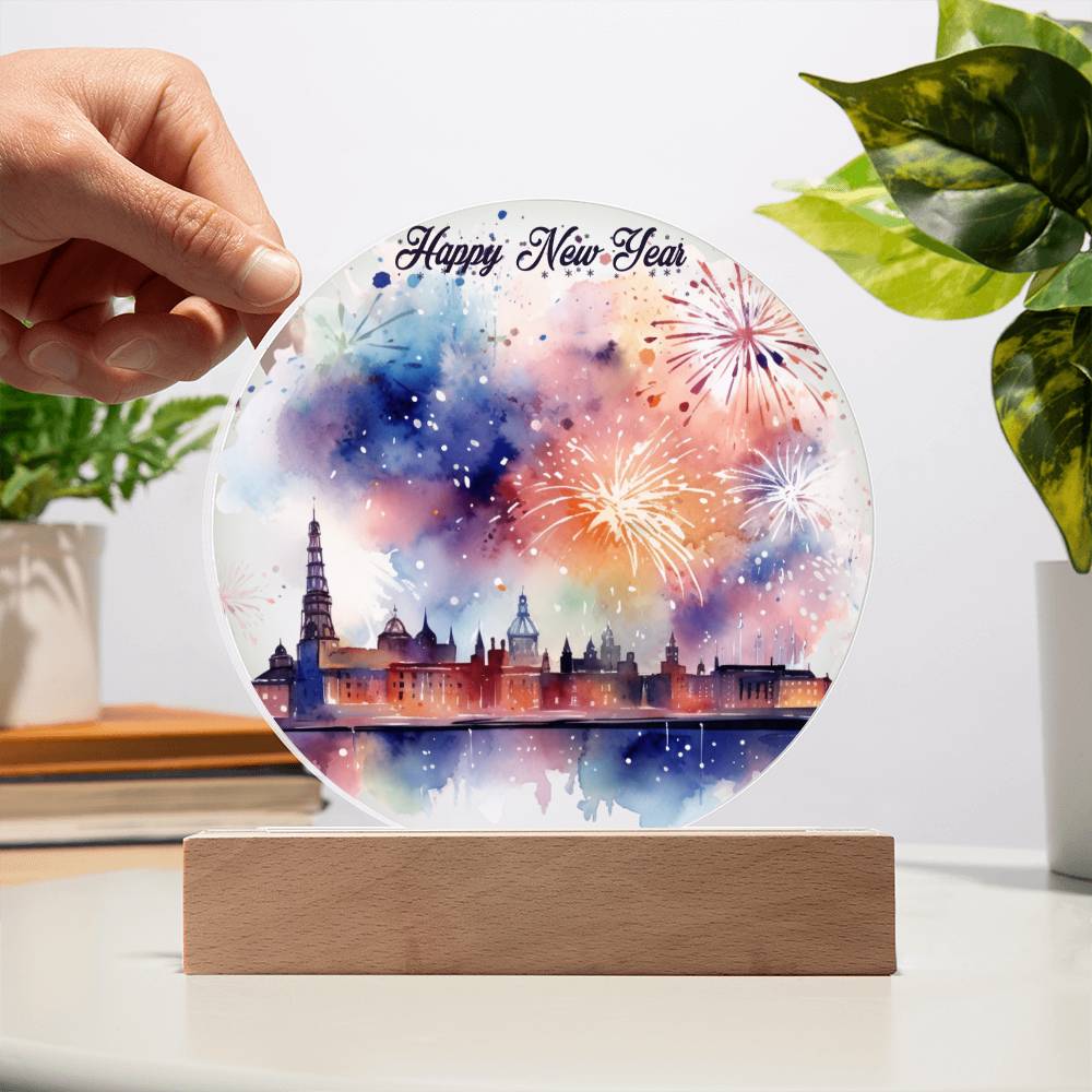 New Year 2024 Celebration: City Skyline Fireworks on Circular Acrylic Plaque - Unique Gift Idea!