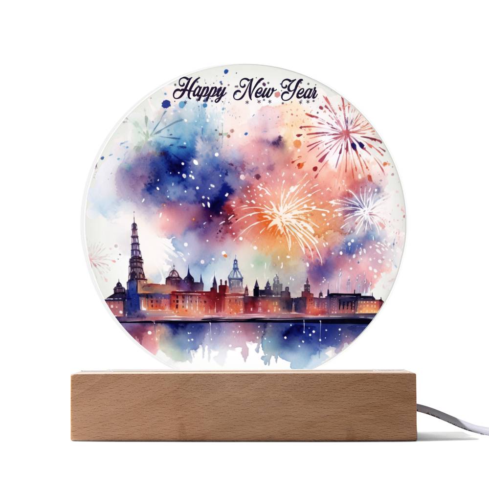 New Year 2024 Celebration: City Skyline Fireworks on Circular Acrylic Plaque - Unique Gift Idea!