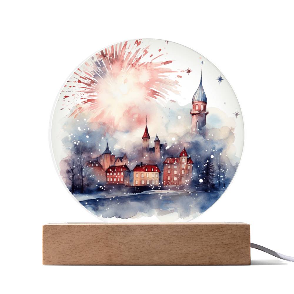 Radiant 2024 Cityscape Fireworks: Hand-Painted Circular Acrylic Plaque - Stunning New Year's Gift!