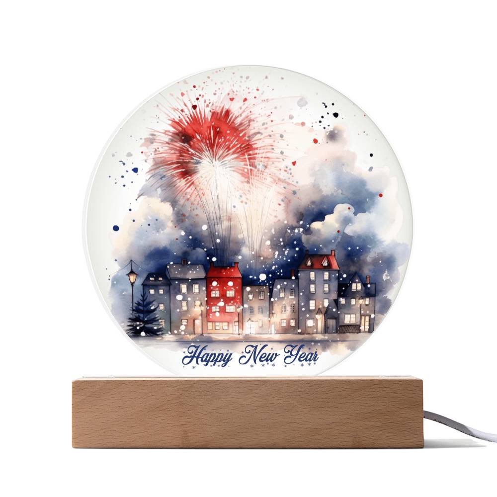 City Lights 2024: Fireworks Celebration in Watercolor - Circular Acrylic Plaque for a Festive New Year!