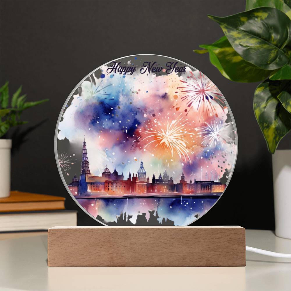 New Year 2024 Celebration: City Skyline Fireworks on Circular Acrylic Plaque - Unique Gift Idea!