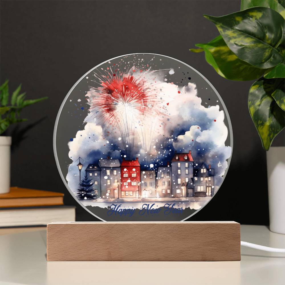 City Lights 2024: Fireworks Celebration in Watercolor - Circular Acrylic Plaque for a Festive New Year!