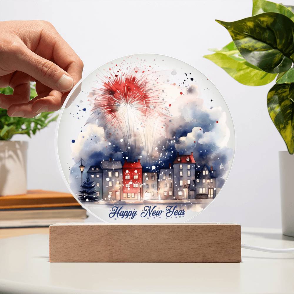 City Lights 2024: Fireworks Celebration in Watercolor - Circular Acrylic Plaque for a Festive New Year!