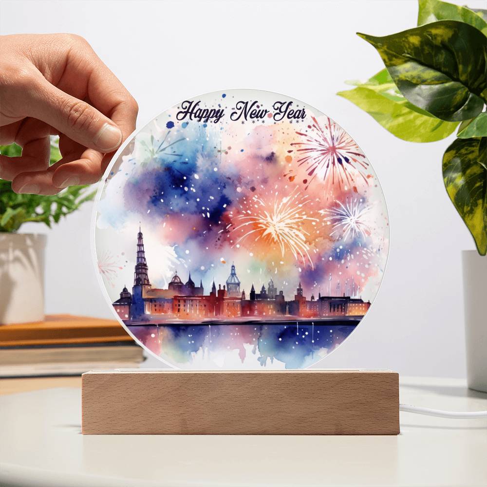 New Year 2024 Celebration: City Skyline Fireworks on Circular Acrylic Plaque - Unique Gift Idea!