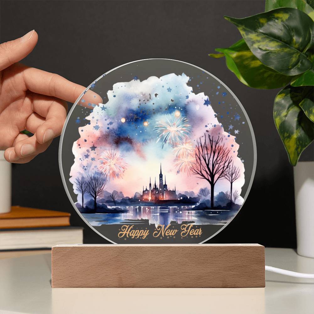 Captivating 2024 City Skyline Fireworks: Handcrafted Watercolor Circular Acrylic Plaque - Unique New Year's Gift!