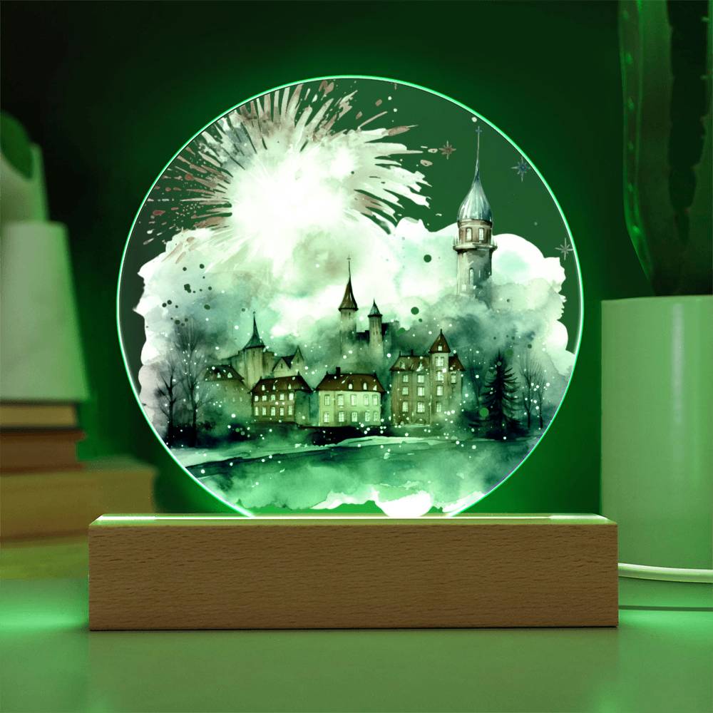 Radiant 2024 Cityscape Fireworks: Hand-Painted Circular Acrylic Plaque - Stunning New Year's Gift!