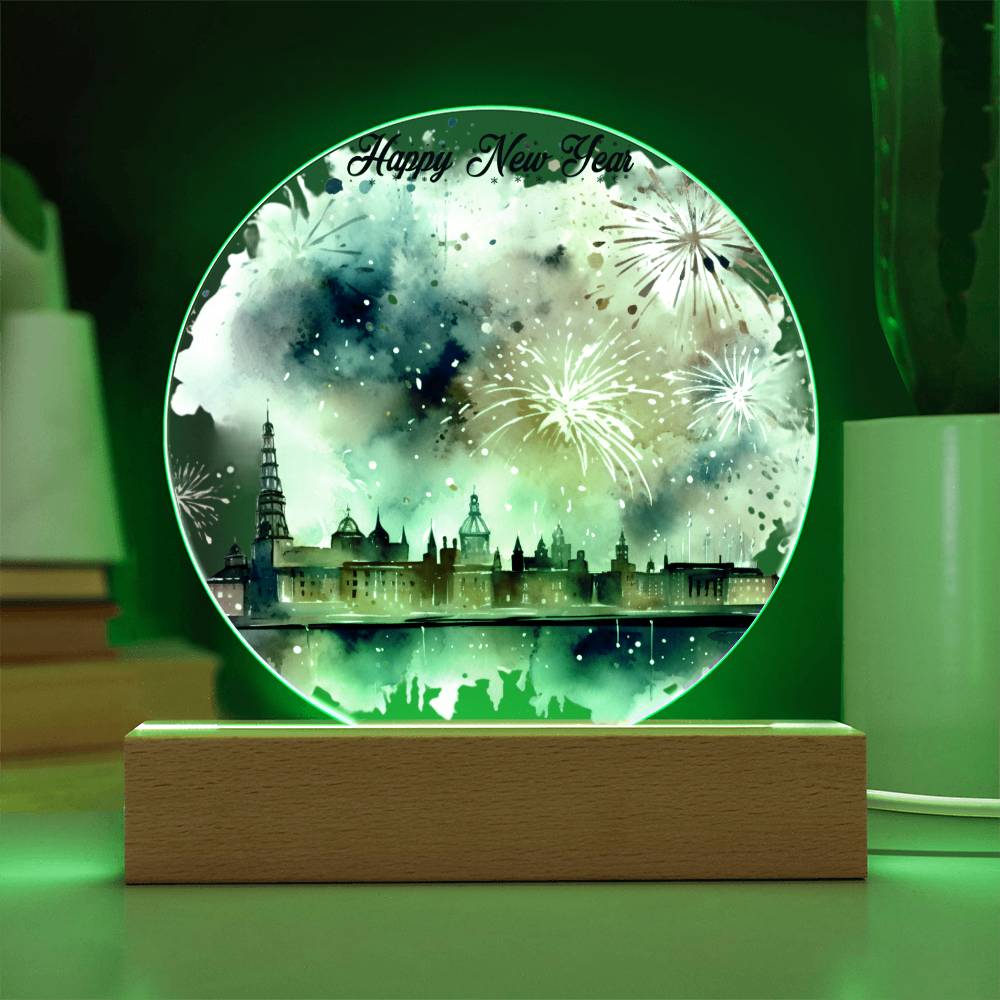 New Year 2024 Celebration: City Skyline Fireworks on Circular Acrylic Plaque - Unique Gift Idea!