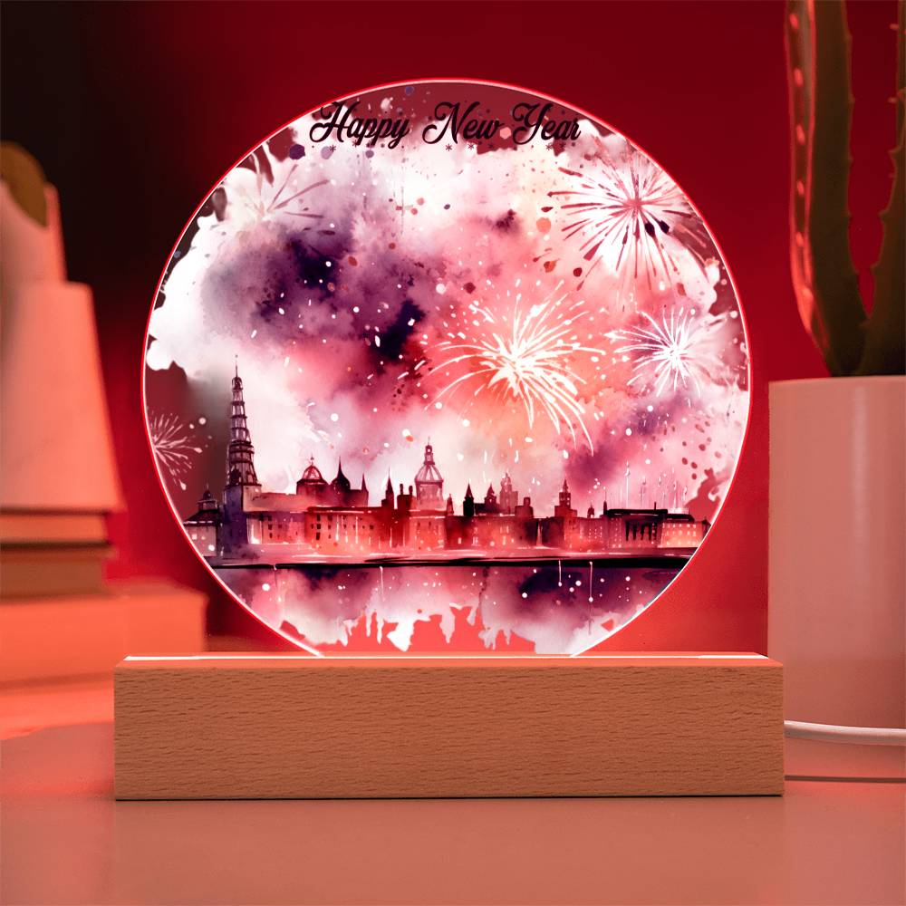 New Year 2024 Celebration: City Skyline Fireworks on Circular Acrylic Plaque - Unique Gift Idea!