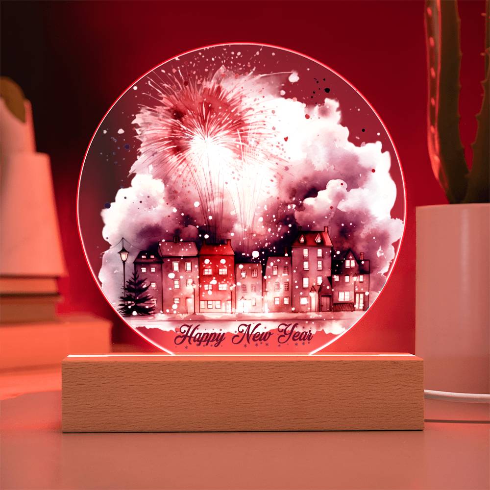 City Lights 2024: Fireworks Celebration in Watercolor - Circular Acrylic Plaque for a Festive New Year!