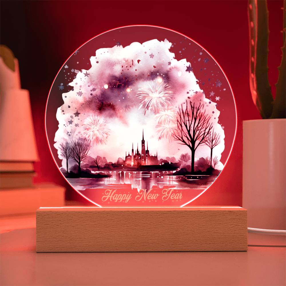 Captivating 2024 City Skyline Fireworks: Handcrafted Watercolor Circular Acrylic Plaque - Unique New Year's Gift!