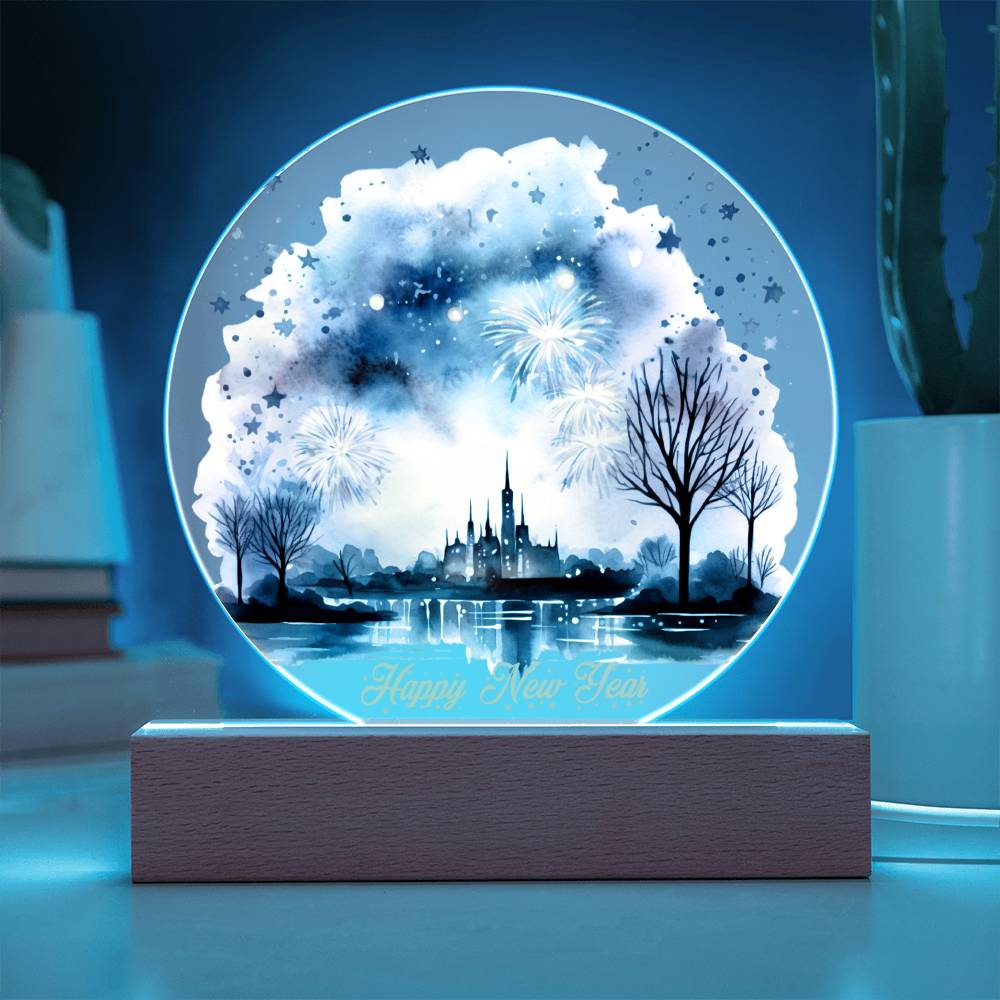 Captivating 2024 City Skyline Fireworks: Handcrafted Watercolor Circular Acrylic Plaque - Unique New Year's Gift!